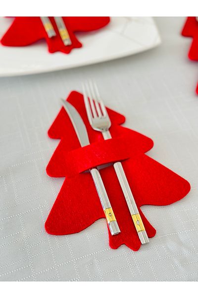 Karter İnovasyon Red Pine Tree Cutlery Holder, Christmas Table Decor, Pine Tree Cutlery Holder for 6 People