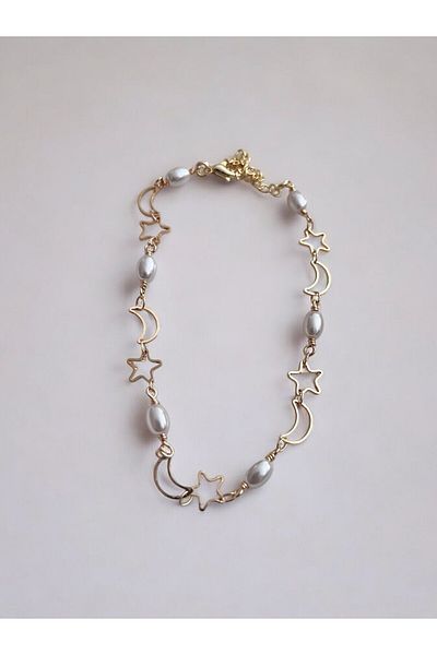 NAİFTAKIAKSESUAR Women's Moon and Star Detailed Pearlescent Anklet