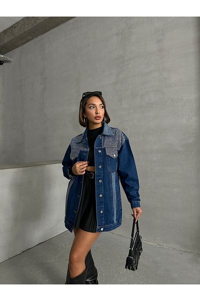 prova Navy Blue Stoned Oversize Denim Jacket Mıssce0308