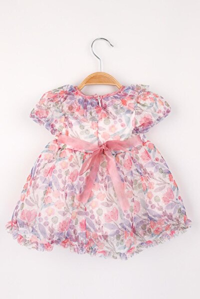 Le Mabelle Pink Floral Printed and Headband Tulle Girls' Dress - Randi