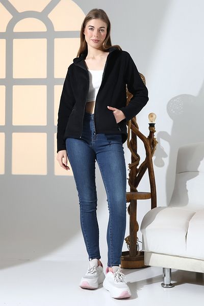 DİVİSTA Women's Black Color Standard Fit Full Zipper Fleece