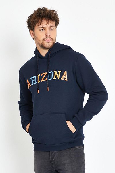 Polo State Men's 3-Thread Cotton Fleece Inside Regular Fit Embroidered Hooded Kangaroo Pocket Navy Blue Sweatshirt