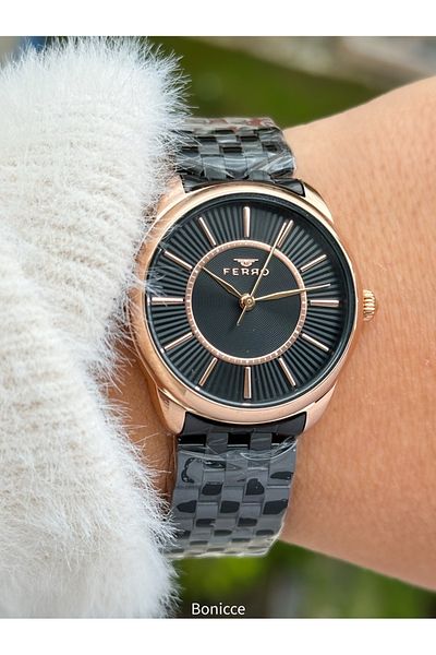 FERRO Brand Black Color Steel Band Women Wrist Watch+Bracelet