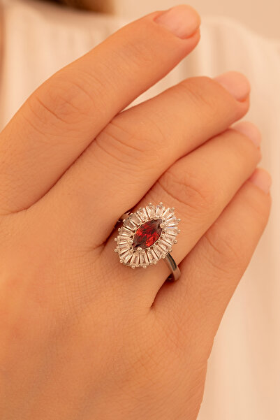 OSMANLI GÜMÜŞ Kadın Gümüş Yüzük - Mekik Model Yakut Taşlı Baget Süslemeli Rod...