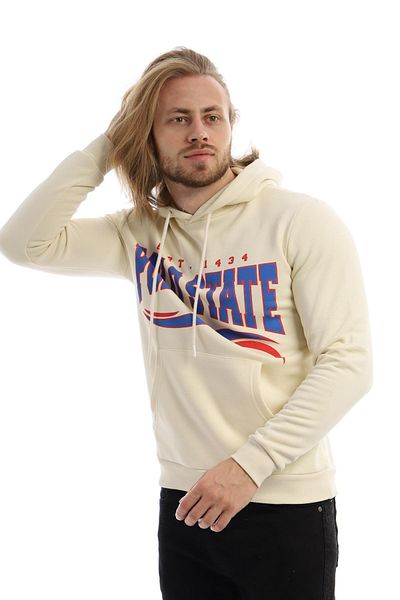 Polo State Мъжки суитшърт с качулка и 3 нишки, цвят екрю, с щампа Polo State