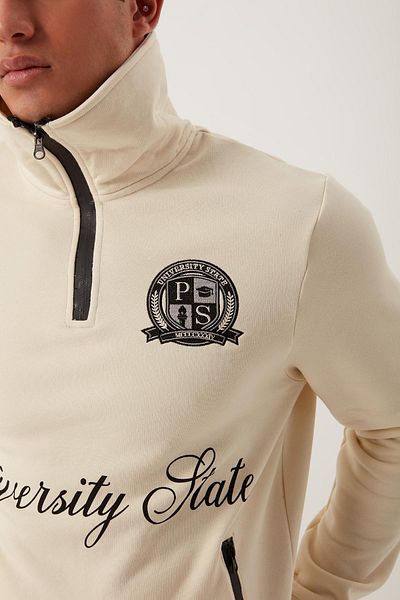 Polo State Men's Oversize Winter Stand Collar 3 Thread Pocket Ecru Sweatshirt
