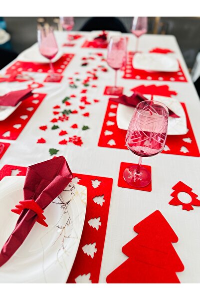 Karter İnovasyon Yılbaşı Temalı 40 Parça Amerikan Servis, Yılbaşı 10 Kişilik Supla Seti, Yılbaşı Kare Servis Kırmızı