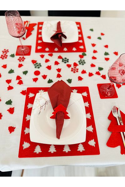 Karter İnovasyon New Year's Themed 32-Piece American Service, New Year's 8-Person Plate Set, New Year's Square Service Red