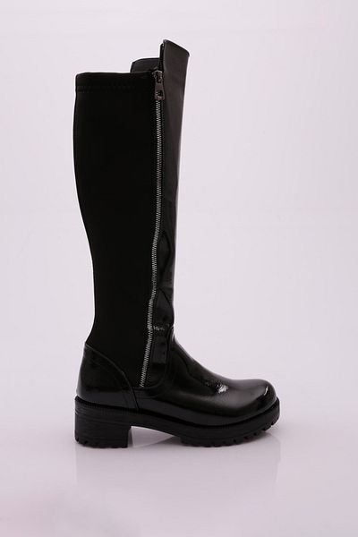 DGN Women's Side Zipper Stretch Heeled Black Patent Leather Shoes 7152668