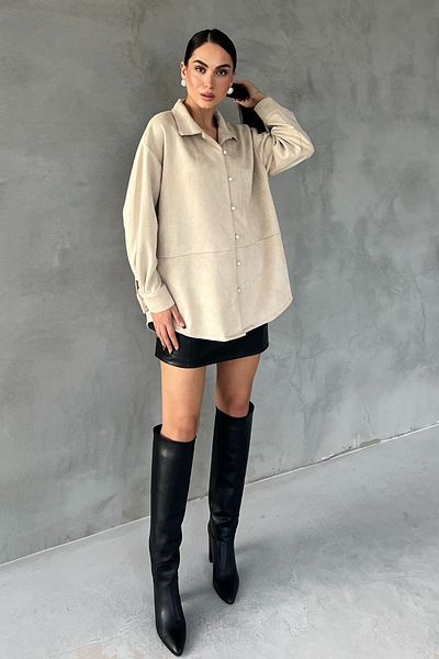 Seda Yalçın Atelier Beige Beaded Buttoned Suede Shirt