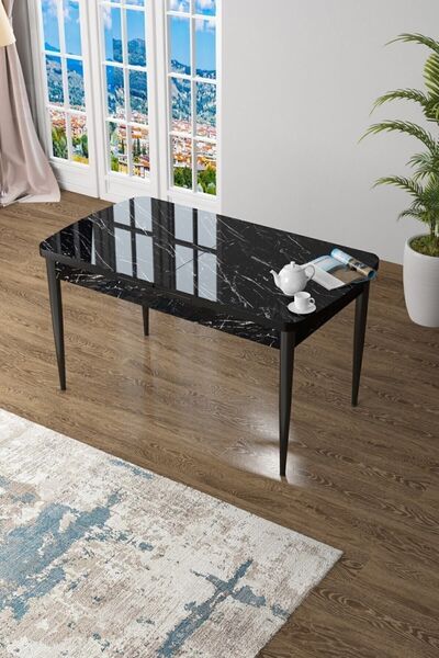 Canisa Concept Zen Serisi 80x132 Mdf Açılabilir Siyah Mermer Desen Masa Takımı Ve 6 Lacivert Sandalye