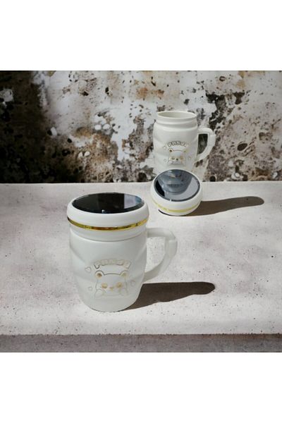evimdeyokyok Panda Patterned Porcelain Mug Cup with Mirror Lid White Mug Cup