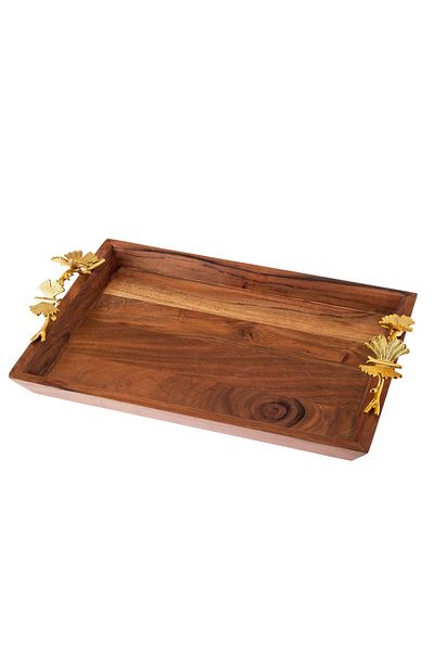 Dania Rectangular wood tray with butterfly decor metal handle