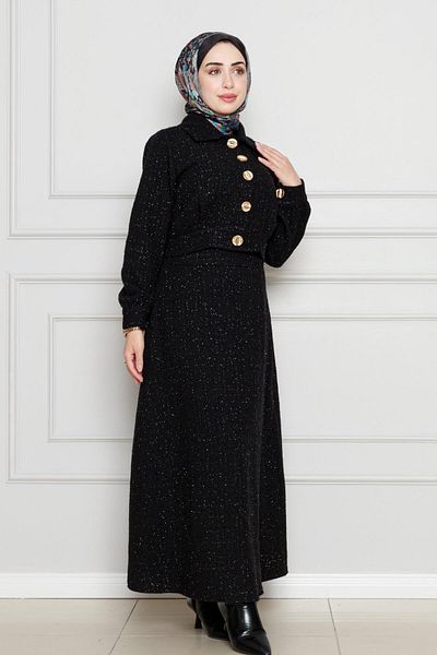 Sevitli Glitter Tweed Fabric Double Set-Black