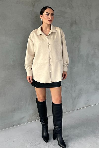 Seda Yalçın Atelier Beige Beaded Buttoned Suede Shirt