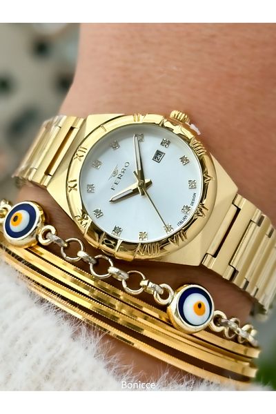 FERRO Brand Yellow Color Steel Band Women Wrist Watch+Bracelet