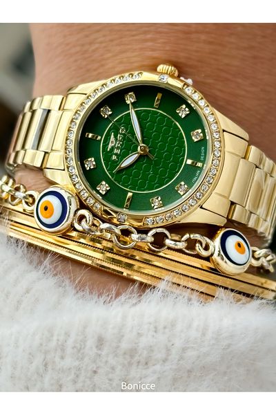 FERRO Brand Yellow Color Steel Band,Green Dial Rhinestone Women's Wrist Watch+Bracelet
