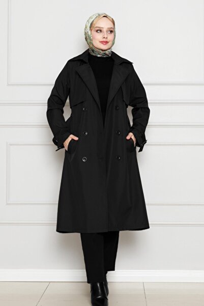 Sevitli Μαύρη καμπαρντίνα - με λεπτομέρεια ζώνης στο μανίκι