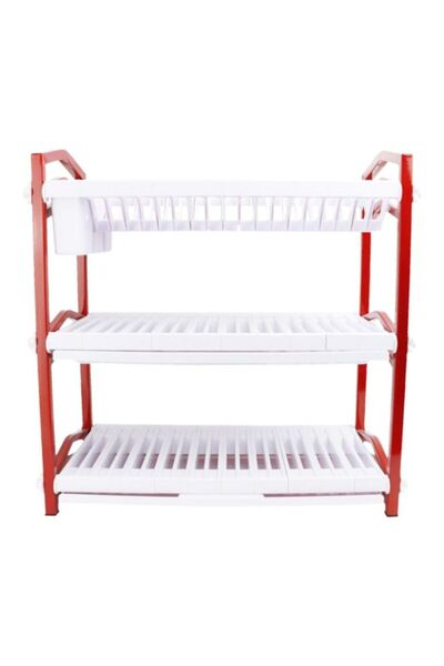 Dania رف أطباق بلاستيكي بثلاث طبقات، أبيض/أحمر، 18x58x27 سم