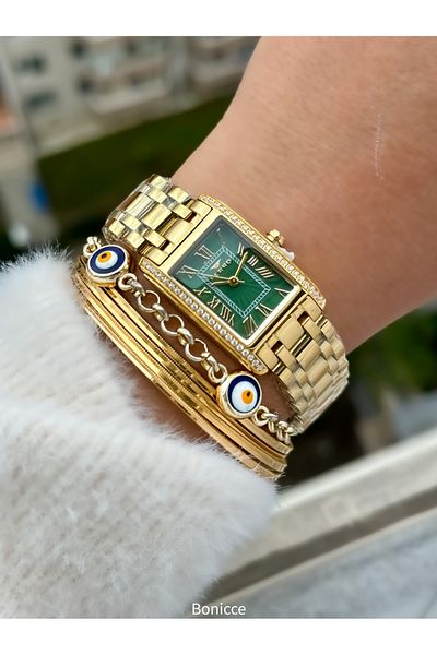 FERRO Brand Yellow Silver Color Steel Band, Green Dial Rectangle Case Women's Wristwatch+Bracelet