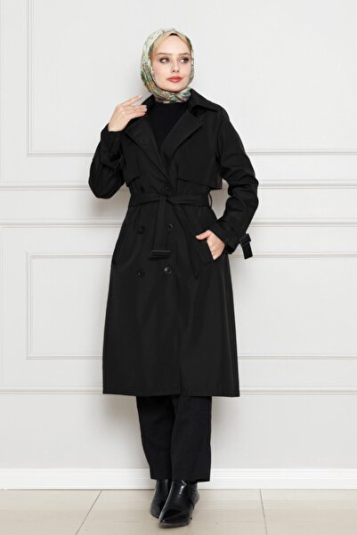 Sevitli Μαύρη καμπαρντίνα - με λεπτομέρεια ζώνης στο μανίκι