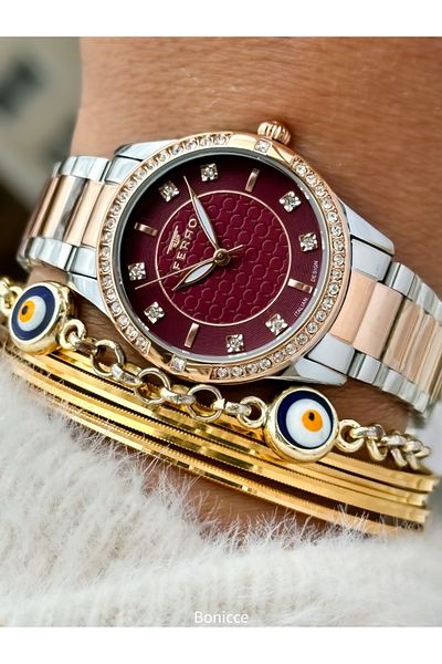 FERRO Brand Rose Color Steel Band,Burgundy Dial Rhinestone Women's Wrist Watch + Bracelet