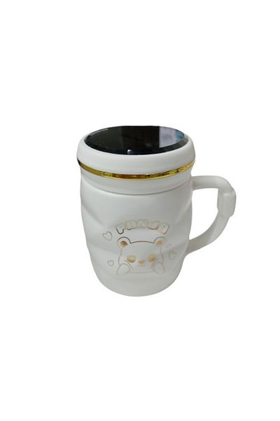 evimdeyokyok Panda Patterned Porcelain Mug Cup with Mirror Lid White Mug Cup