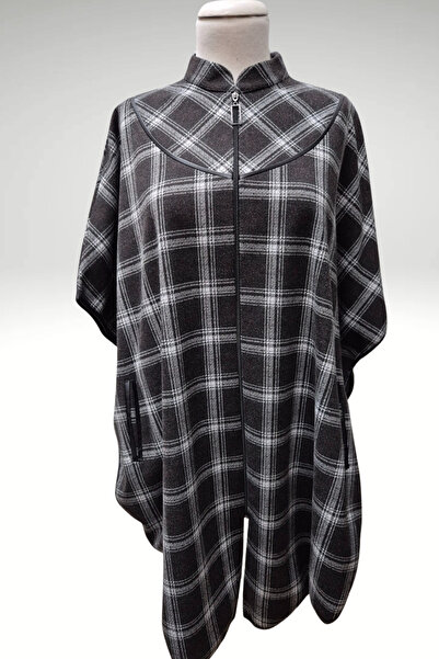 JALİA Ekose kaşe fermuarlı hakim yaka panço-6032