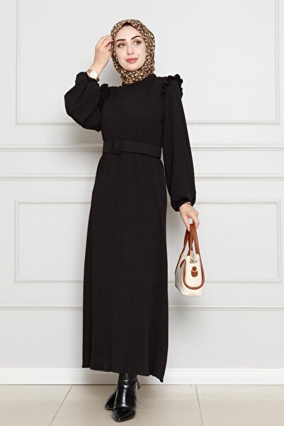 Sevitli Ruffle Off the Shoulder Belt Dress-Black