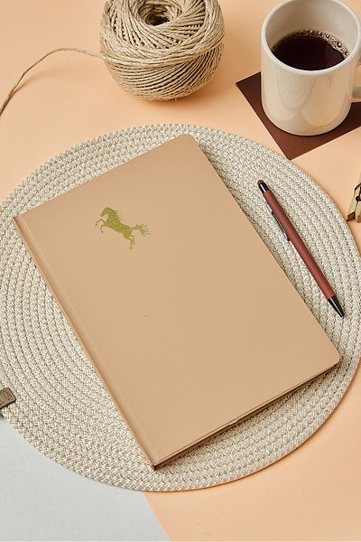 inkglo 112 Sheets Notebook with Beige Gold Leaf Horse Printed Dotted Velvet Touch Cover