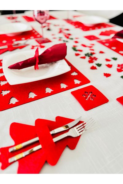 Karter İnovasyon New Year's Themed 8-Piece American Service, New Year's 2-Person Plate Set, New Year's Square Service Red