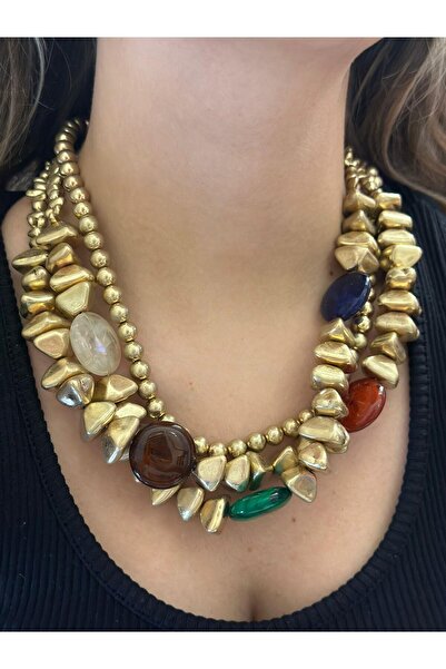 MyladyAccessoriess 3 Sıralı Renkli Taş Detaylı Geometrik Kolye