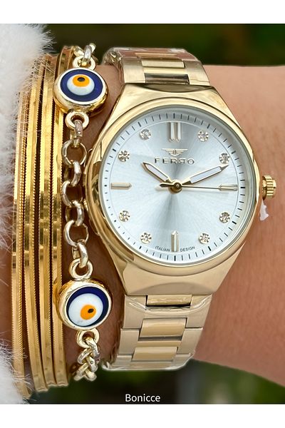 FERRO Brand Yellow Color Steel Band, White Dial Rhinestone Women's Wrist Watch + Bracelet
