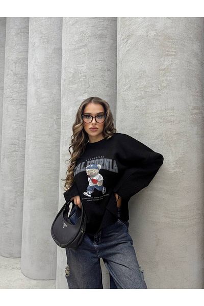 İLKCET MODA Pulover oversize din tricotaje cu imprimeu Teddy Bear
