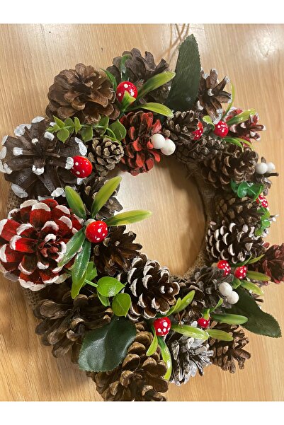 Marrone Χειροποίητο Φυσικό Στολίδι Πόρτας με Χριστουγεννιάτικο Στεφάνι