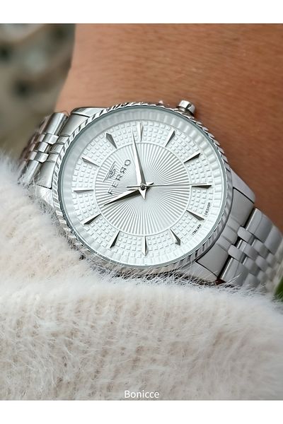 FERRO Brand Silver Color Steel Band, White Dial Women's Wrist Watch+Bracelet