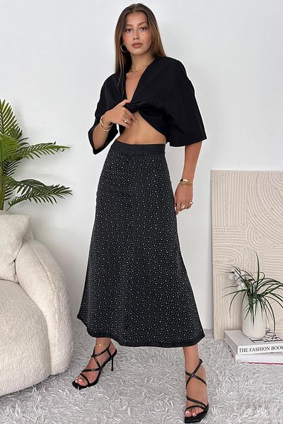 ZAROLİ Women's Maxi Length Stone Lycra Bell Denim Skirt