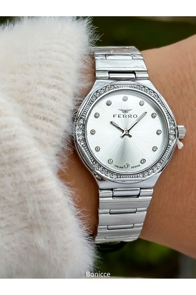 FERRO Brand Silver Color Steel Band, White Dial Women's Wrist Watch+Bracelet