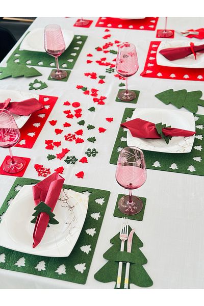 Karter İnovasyon New Year's Themed Square Mixed Dish Set, New Year's Dish Set Red-Green Mixed Set for 6