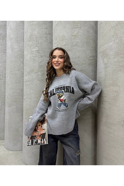 İLKCET MODA Pulover oversize din tricotaje cu imprimeu Teddy Bear