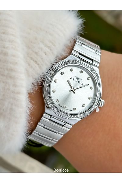 FERRO Brand Silver Color Steel Band, White Dial Women's Wrist Watch+Bracelet