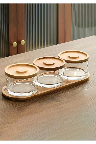 HOMİNG Homing 7-Piece Glass Breakfast Set with Wooden Bamboo Lid and Tray