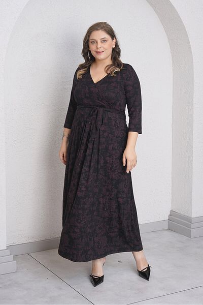 Büyük Moda Flower Patterned Crossbody Collar Midi Size Wrap Dress