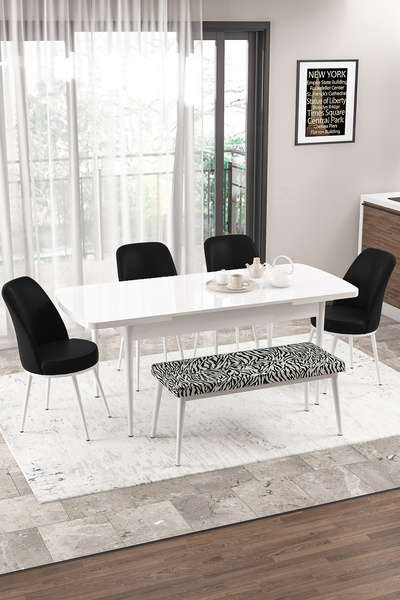 Canisa Concept Via Serisi, 80x132 Açılabilir Beyaz Mutfak Masası Takımı, 4 Ki...