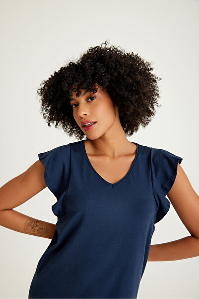 Butik Women's Nightgown Navy Blue Flounce Cotton Fabric