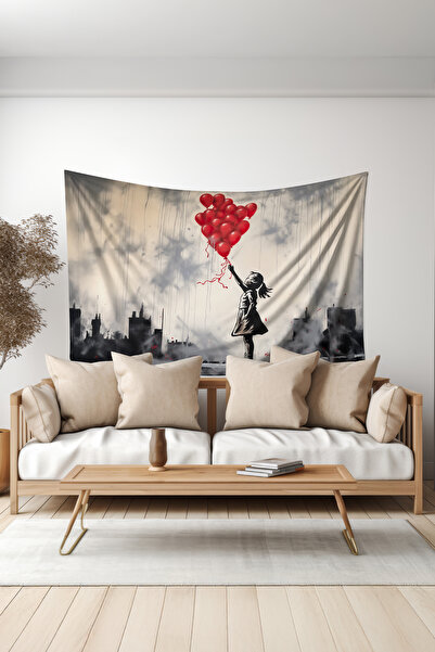 Moud's فتاة ذات بالون أحمر منقوشة على الحائط، قماش حائط من جلد الغزال