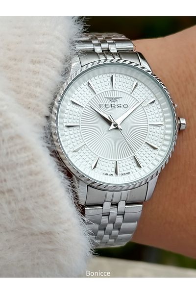FERRO Brand Silver Color Steel Band, White Dial Women's Wrist Watch+Bracelet