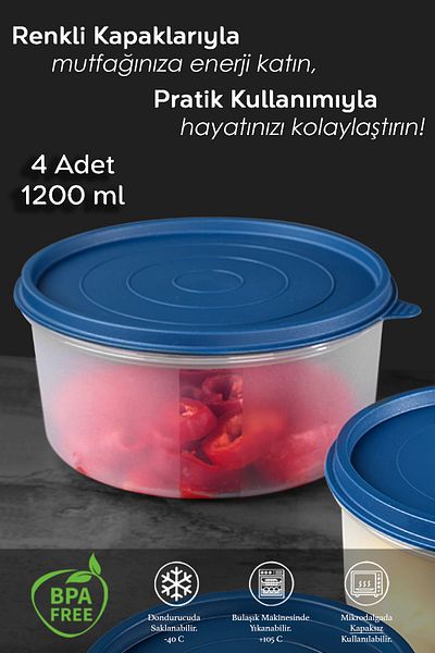 Meleni Home 4-Piece Dark Blue Round Food Storage Set - Food Container 4X1200Ml Organizer Organizer