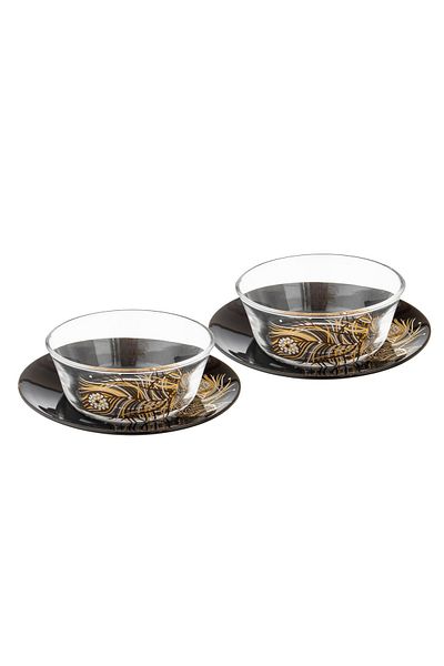 Dania Clear Glass Yogurt Set with Black Porcelain Plate, 6 Bowls + 6 Plates