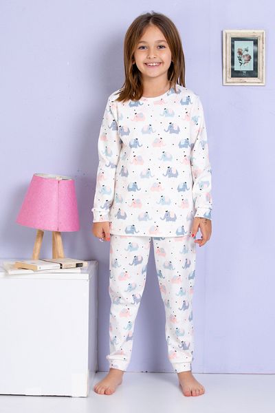 elmas kids Girl's and Baby's Cute Elephant Print Ecru 100% Cotton Pajamas Set